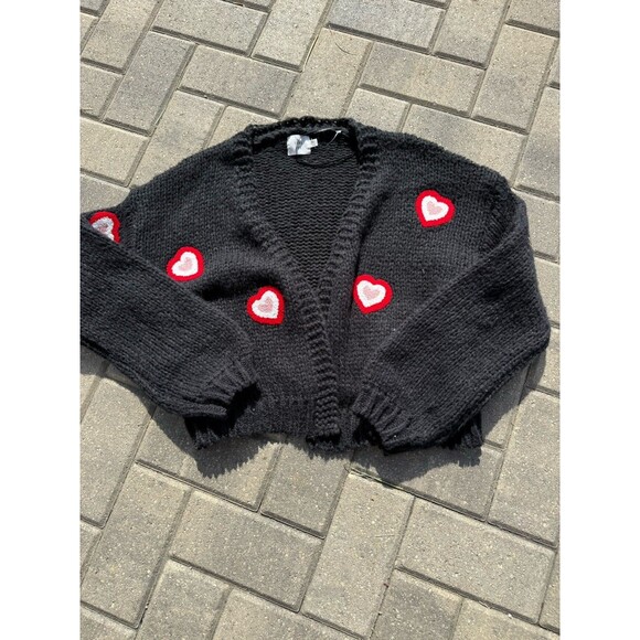 Ivy Luna Anthropologie Black With Hearts Cropped Sweater Cardigan NWT Size S/M - Picture 1 of 5